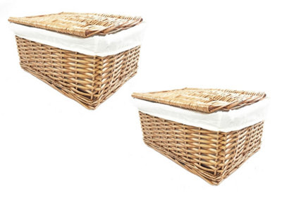 SET OF 2 Lidded Wicker Storage Basket With Lining Xmas Hamper Basket Natural Small 30 x 20 x 11.5 cm
