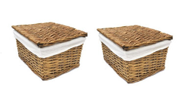 SET OF 2 Lidded Wicker Storage Basket With Lining Xmas Hamper Basket Pine Small 30 x 20 x 11.5 cm