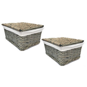 SET OF 2 Lidded Wicker Storage Basket With Lining Xmas Hamper Basket Set of 2 Extra Large 46x35x24 cm,Oak