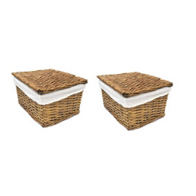 SET OF 2 Lidded Wicker Storage Basket With Lining Xmas Hamper Basket Set of 2 Extra Large,Pine 46x35x24cm