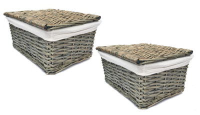 SET OF 2 Lidded Wicker Storage Basket With Lining Xmas Hamper Basket Set of 2 Large 40X30X20 cm,Oak