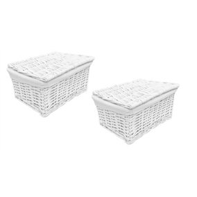SET OF 2 Lidded Wicker Storage Basket With Lining Xmas Hamper Basket Set of 2 Large 40X30X20 cm,White
