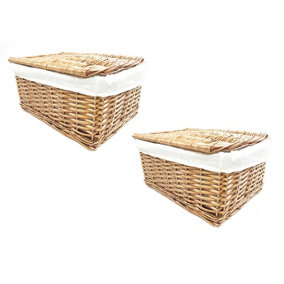 SET OF 2 Lidded Wicker Storage Basket With Lining Xmas Hamper Basket Set of 2 Medium 35x24x15 cm,Natural
