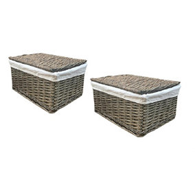 SET OF 2 Lidded Wicker Storage Basket With Lining Xmas Hamper Basket Set of 2 Medium 35x24x15 cm,Oak