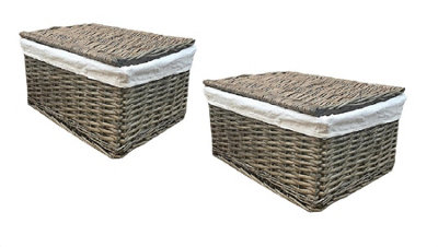 SET OF 2 Lidded Wicker Storage Basket With Lining Xmas Hamper Basket Set of 2 Small 30x20x11.5 cm,Oak