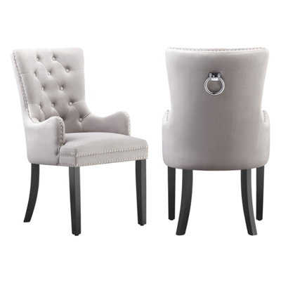 Set of 2 Light Grey Velvet Dining Chairs with Armrest, Ergonomic Scoop Knockerback & Button Tufted Wood Legs