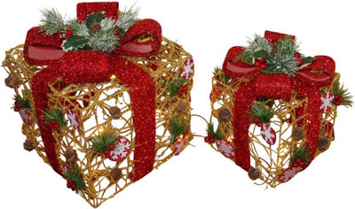 Set of 2 Light Up Christmas Gold Rattan Parcels with Red Bow - With Battery Powered LED Lights