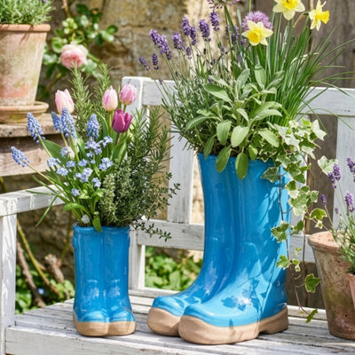 Set of 2 Little and Large Bright Blue Ceramic Indoor Outdoor Flower Pot ...