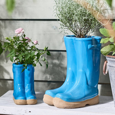 Set of 2 Little and Large Bright Blue Ceramic Indoor Outdoor Summer Flower Pot Garden Planter Pots