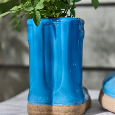 Set of 2 Little and Large Bright Blue Ceramic Indoor Outdoor Summer Flower Pot Garden Planter Pots