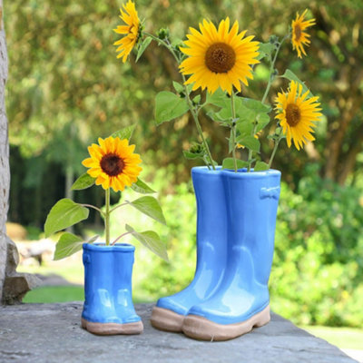 Set of 2 Little and Large Bright Blue Wellington Boots Indoor Outdoor Flower Pot Garden Planters