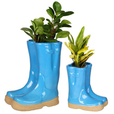 Set of 2 Little and Large Bright Blue Wellington Boots Indoor Outdoor Flower Pot Garden Planters