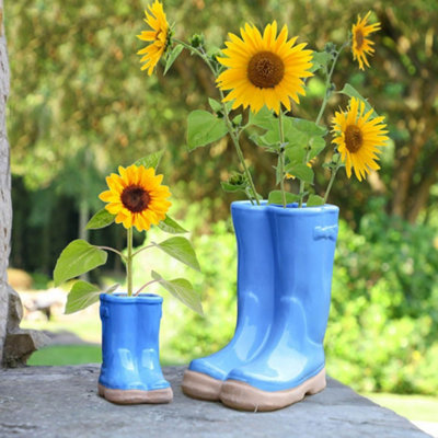 Set of 2 Little and Large Bright Blue Wellington Boots Indoor Outdoor Summer Flower Pot Garden Planters