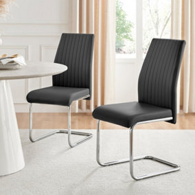 Set of 2 Lorenzo Black High Back Stitched Soft Touch Faux Leather Chromed Cantilever Metal Leg Dining Chairs