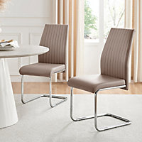 Set of 2 Lorenzo Cappuccino Beige High Back Stitched Soft Touch Faux Leather Chromed Cantilever Metal Leg Dining Chairs