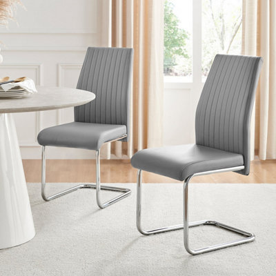 Set of 2 Lorenzo Elephant Grey High Back Stitched Soft Touch Faux Leather Chromed Cantilever Metal Leg Dining Chairs