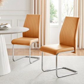 Set of 2 Lorenzo Mustard Yellow High Back Stitched Soft Touch Faux Leather Chromed Cantilever Metal Leg Dining Chairs