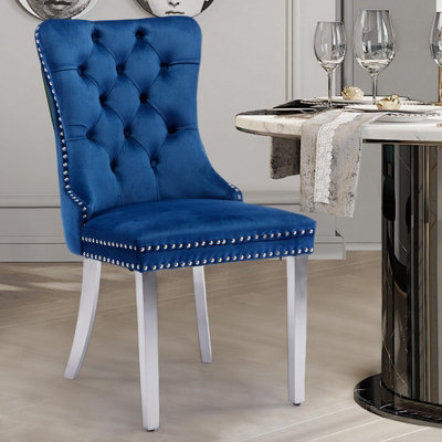 Set of Luxe Velvet Dining Chairs with Steel Legs and Pull