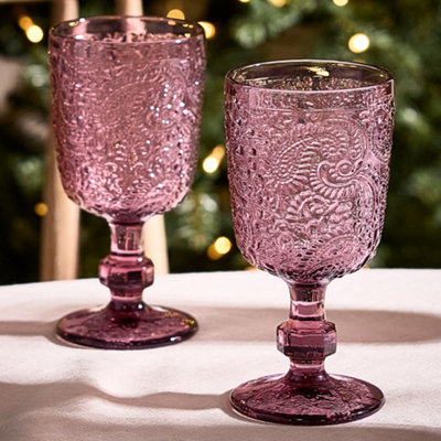 Set of 2 Luxury Bright Pink Drinking Glass Spring Summer Wine Goblets 300ml