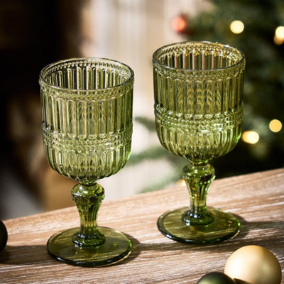 Set of 2 Luxury Embossed Green Drinking Wine Glass Wine Goblets 300ml