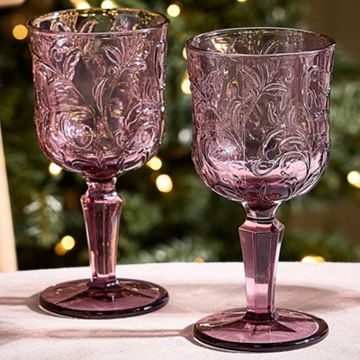 Set of 2 Luxury Embossed Pink Drinking Wine Glass Wine Goblets 270ml