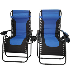 Set of 2 Luxury Padded Multi Position Zero Gravity Garden Relaxer Chair Lounger in Blue & Black