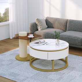 Set of 2 Marble Effect Nesting Coffee Side Table 360 Degree Swivel Table Top