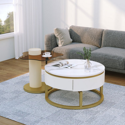 Set of 2 Marble Effect Nesting Coffee Side Table with Swivelling ...