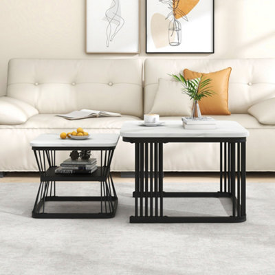Set of 2 Marble Effect Nesting Coffee Table Side End Table with Black Metal Frame