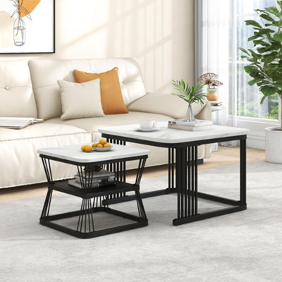 Set of 2 Marble Effect Nesting Coffee Table Side End Table with Black Metal Frame