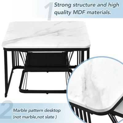 Set of 2 Marble Effect Nesting Coffee Table Side End Table with Black Metal Frame
