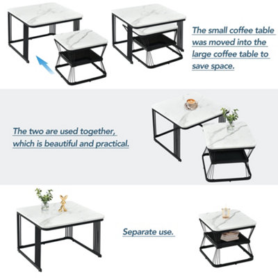 Set of 2 Marble Effect Nesting Coffee Table Side End Table with Black Metal Frame