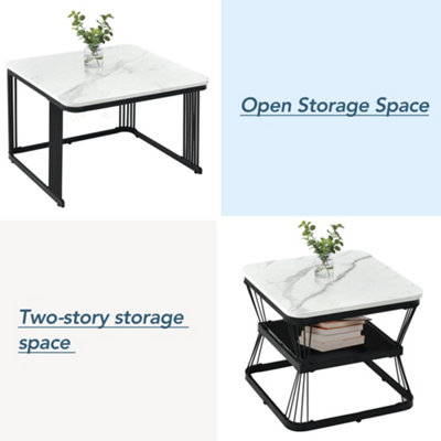 Set of 2 Marble Effect Nesting Coffee Table Side End Table with Black Metal Frame