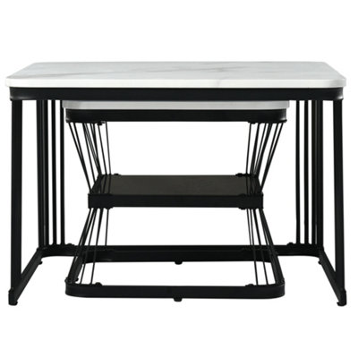 Set of 2 Marble Effect Nesting Coffee Table Side End Table with Black Metal Frame