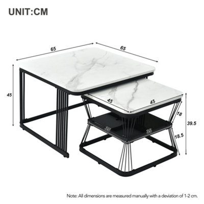Set of 2 Marble Effect Nesting Coffee Table Side End Table with Black Metal Frame