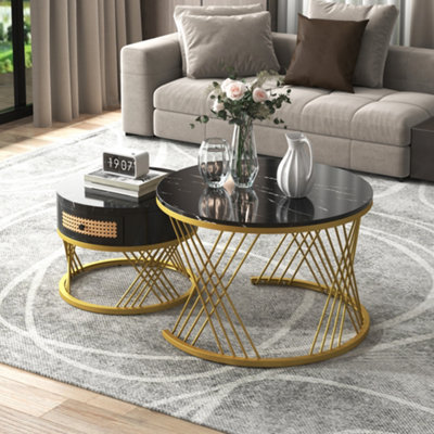 Set of 2 Marble Effect Round Coffee Table with Rattan Drawers and Wood Handles Black Nesting Table
