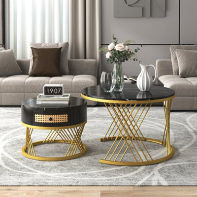 Set of 2 Marble Effect Round Coffee Table with Rattan Drawers and Wood Handles Black Nesting Table