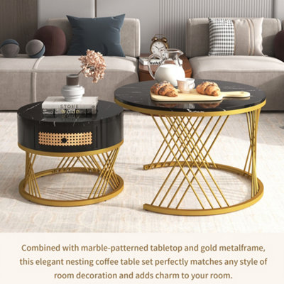 Set of 2 Marble Effect Round Coffee Table with Rattan Drawers and Wood Handles Black Nesting Table