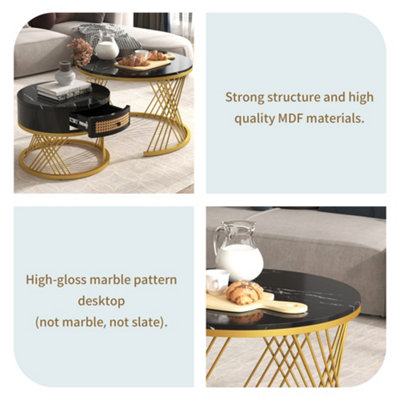 Set of 2 Marble Effect Round Coffee Table with Rattan Drawers and Wood Handles Black Nesting Table