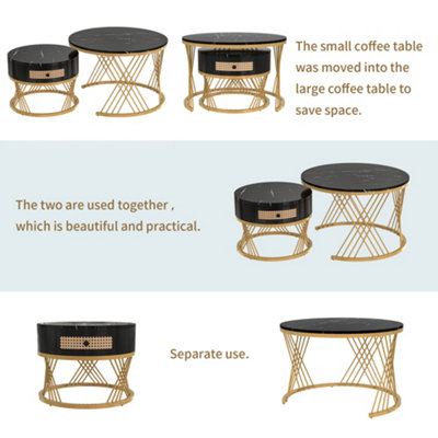 Set of 2 Marble Effect Round Coffee Table with Rattan Drawers and Wood Handles Black Nesting Table