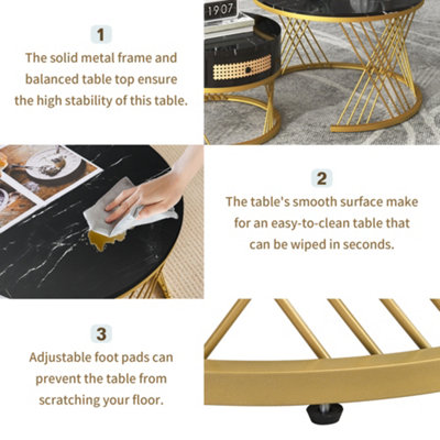 Set of 2 Marble Effect Round Coffee Table with Rattan Drawers and Wood Handles Black Nesting Table