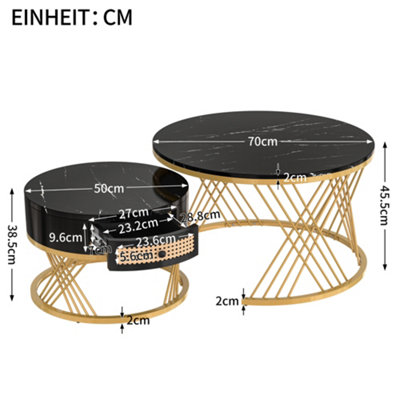 Set of 2 Marble Effect Round Coffee Table with Rattan Drawers and Wood Handles Black Nesting Table