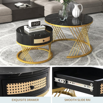Set of 2 Marble Effect Round Coffee Table with Rattan Drawers and Wood Handles Black Nesting Table