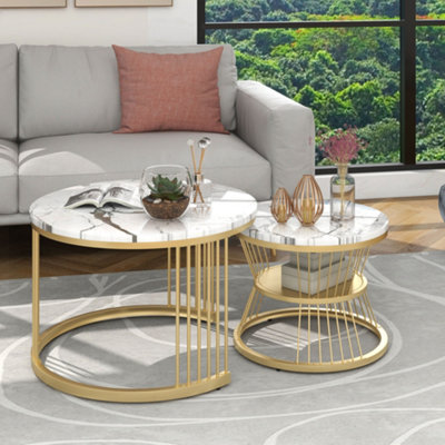 Set of 2 Marble Effect Round Nesting Coffee Table Side Table with Golden Metal Frame