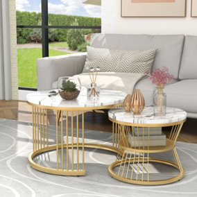 Set of 2 Marble Effect Round Nesting Coffee Table Side Table with Golden Metal Frame