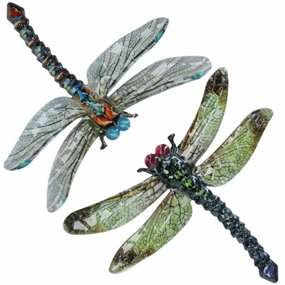 Set of 2 Metal Dragonfly Garden/Home Wall Art Ornament 35x28cm Indoor/Outdoor