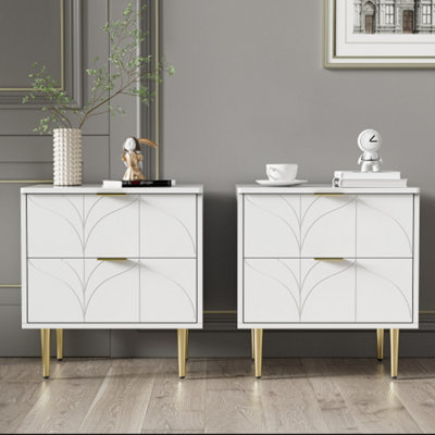 Set of 2 Modern Bedside Tables with 2 Drawers,Gold-Plated Feet,Floral Design,Anti-Bump Corners,White.