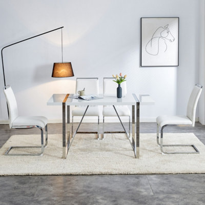 Set of 2 Modern Dining Chairs, PU Faux Leather and Linen Backrest, High Back Padded Chair for Dining Room or Kitchen (White