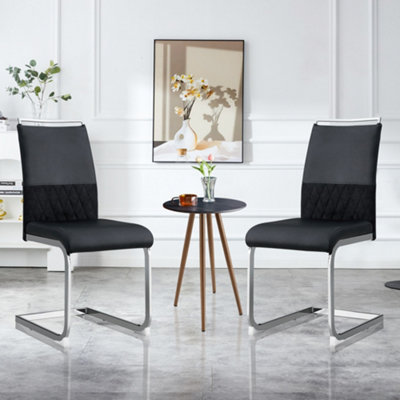 Set of 2 Modern Dining Chairs, PU Faux Leather and Linen Backrest, High Back Padded Side Chair for Dining Room or Kitchen (Black)