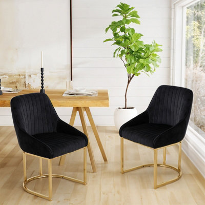 Set of 2 Modern Velvet Black Dining Chairs with Metal Legs